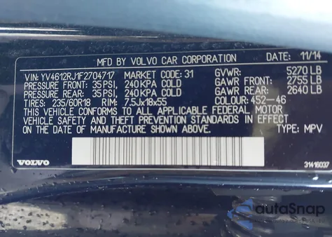 2015 Volvo Xc60 T5 from USA, damaged, VIN YV4612RJ1F2704717